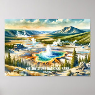 Yellow Stone National Park Travel watercolor Poster