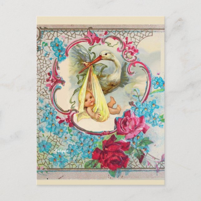 YELLOW STORK BABY SHOWER, PINK ROSES,BLUE FLOWERS  POSTCARD (Front)