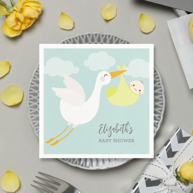 Yellow Stork Bundle Gender Neutral Baby Shower Napkin (Yellow stork bundle unisex baby shower personalized cocktail napkins)