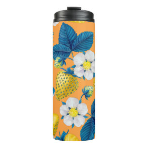 Yellow strawberries on orange thermal tumbler