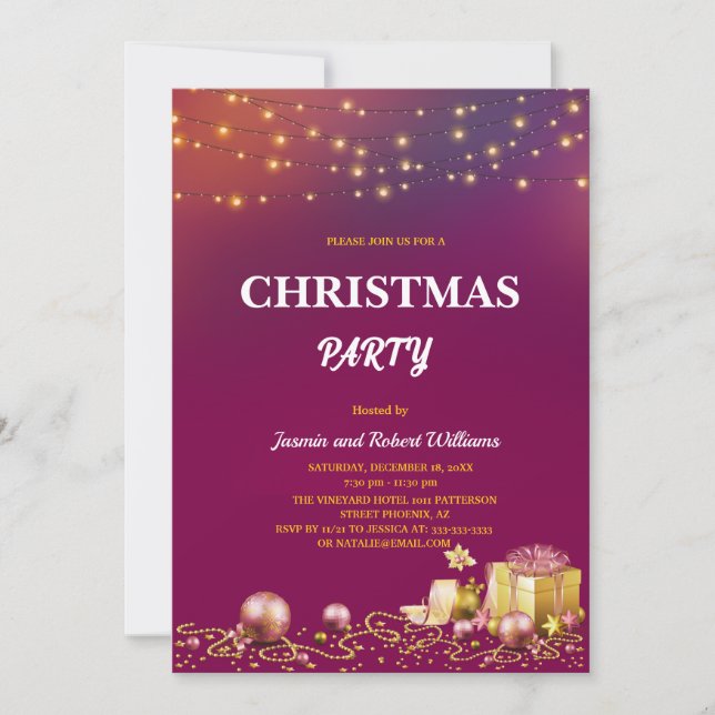 yellow String Lights Purple Christmas Party  Invitation (Front)