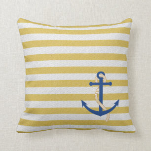 Yellow Strip Nautical Pillow with Blue Anchor