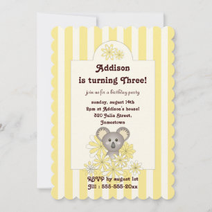 Yellow Stripe Baby Koala Kids Birthday Invitation