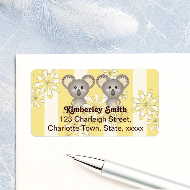 Yellow Stripe Baby Koala Twin Kids Return Address Label (Creator Uploaded)