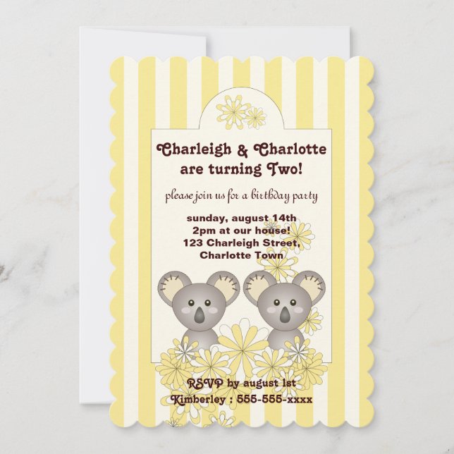 Yellow Stripe Cute Baby Koala Twin Kids Birthday Invitation (Front)