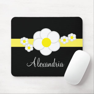 Yellow Stripe Daisy Black White Elegant Script Mouse Mat