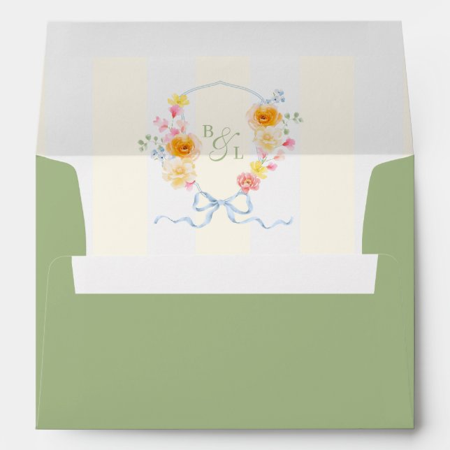 Yellow Stripe Floral Crest Monogram Spring Wedding Envelope (Back (Bottom))