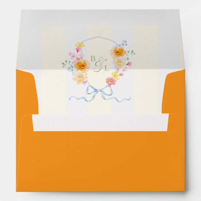 Yellow Stripe Floral Crest Monogram Spring Wedding Envelope (Back (Bottom))