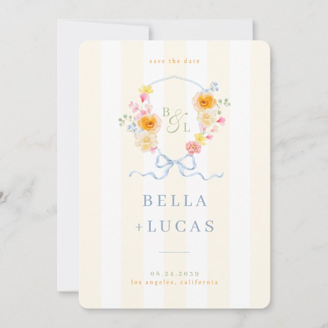 Yellow Stripe Floral Crest Monogram Spring Wedding Save The Date (Front)