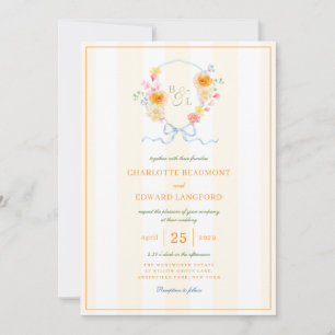Yellow Stripe Floral Crest Spring Monogram Wedding Invitation
