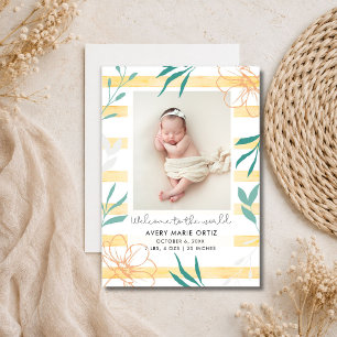 Yellow Stripe Floral Photo Birth Announcement