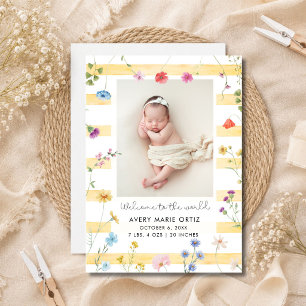 Yellow Stripe Floral Photo Birth Announcement
