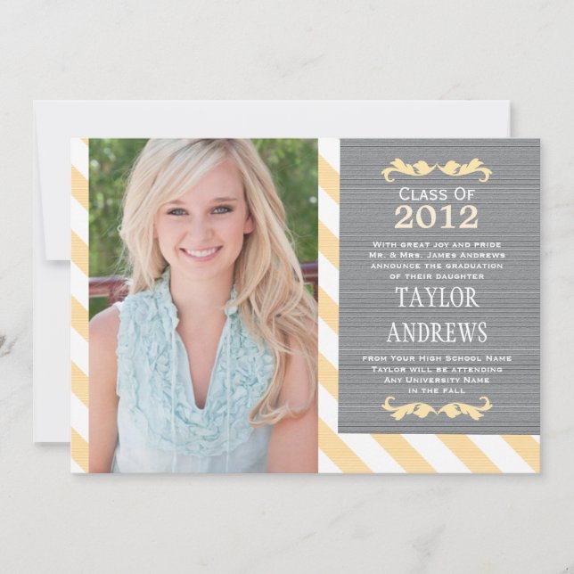 Yellow Stripe Graduation Photo Invitation Announce (Front)
