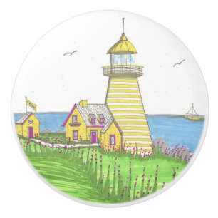 Yellow Stripe Lighthouse Ceramic Door Knob