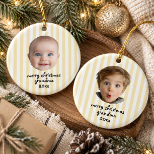 Yellow Stripe Merry Christmas Grandma 2 Baby Photo Ceramic Tree Decoration