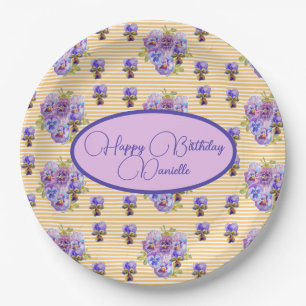 Yellow Stripe Shabby Chic floral Birthday Paper Plate