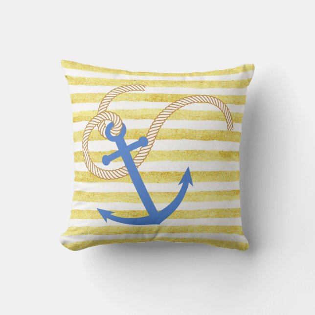 Yellow Stripe Watercolor Nautical Pillow anchor (Front)