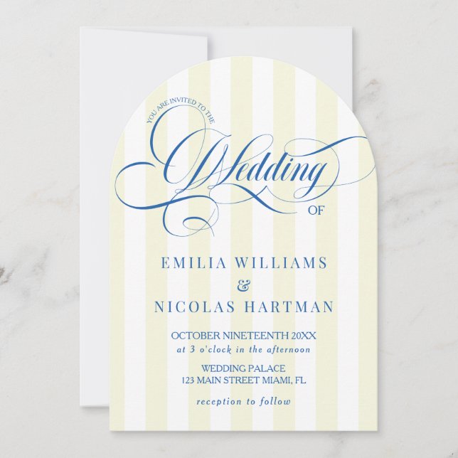 Yellow Striped Blue Script Wedding Invitation (Front)