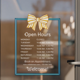 Yellow Striped Bow Blue Frame Open Hours Number Window Cling