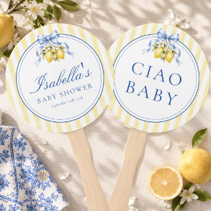 Yellow Striped Ciao Baby Lemon and Bow Baby Shower Hand Fan