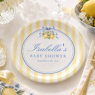 Yellow Striped Italian Lemon and Bow Baby Shower Paper Plate
