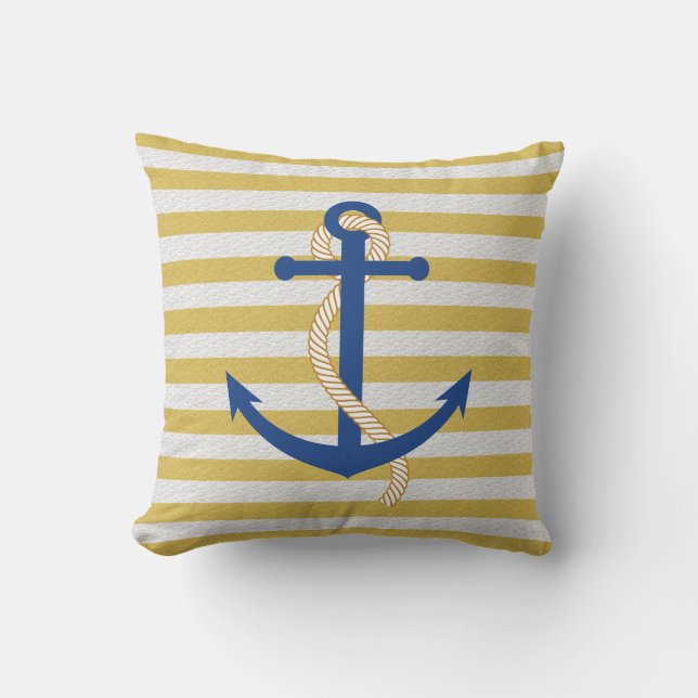 Yellow Striped Nautical Throw Pillow Blue Anchor (Front)