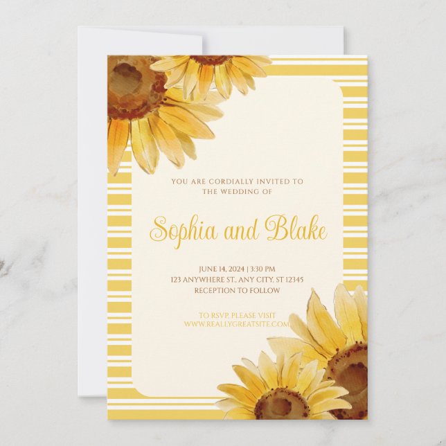Yellow Striped Sunflowers Wedding Invitation (Front)