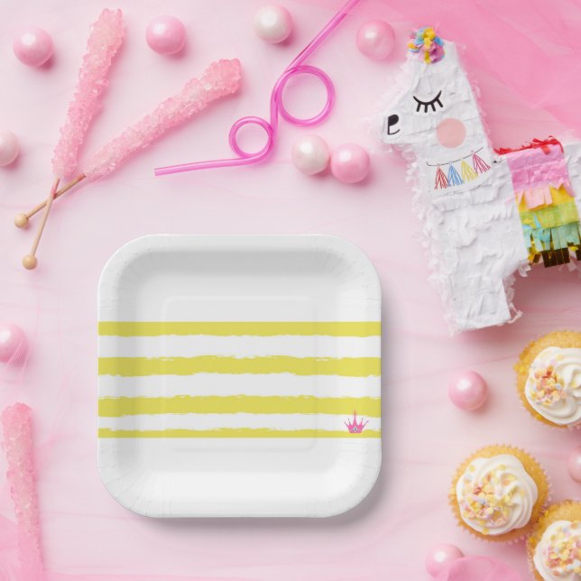 Yellow stripes and a pink crown Paper Plate (Party)