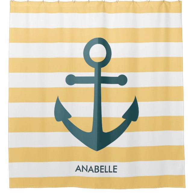 Yellow Stripes and Blue Anchor Shower Curtain (Front)