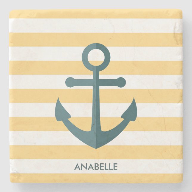 Yellow Stripes and Blue Anchor Stone Coaster (Front)