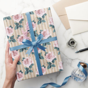 Yellow Stripes and Pink Tea Roses All Occasion Wrapping Paper