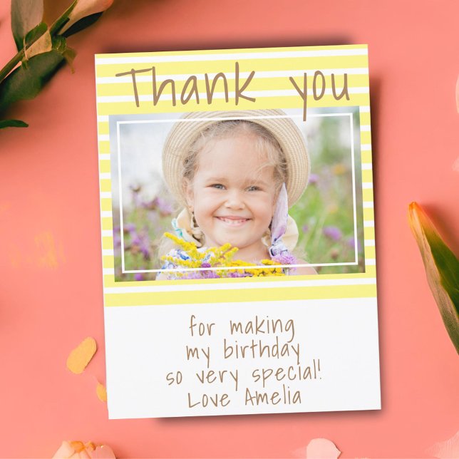 Yellow Stripes Birthday Photo Thank you card (Creator Uploaded)