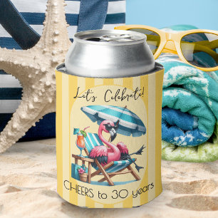Yellow Stripes Flamingo Summer Birthday Party Can Cooler