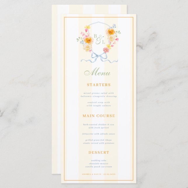 Yellow Stripes & Floral Crest Spring Wedding Menu (Front/Back)