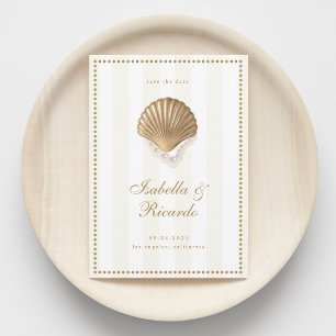 Yellow Stripes Gold Seashell Coastal Wedding Save The Date