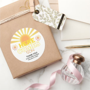 Yellow Stripes Here Comes The Son Baby Shower Classic Round Sticker