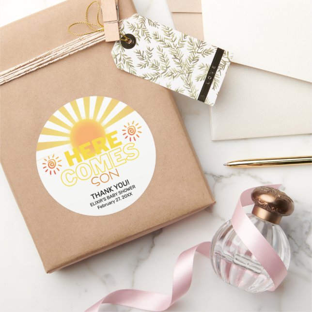 Yellow Stripes Here Comes The Son Baby Shower Classic Round Sticker (Gifting)