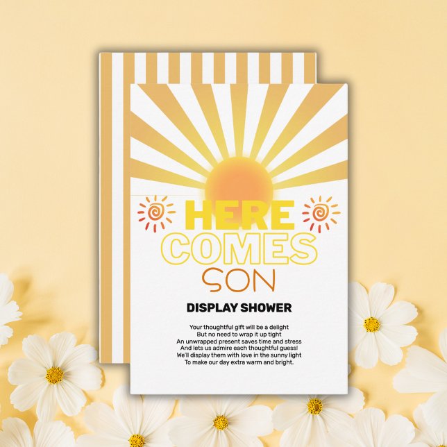 Yellow Stripes Here Comes The Son Baby Shower Enclosure Card (Creator Uploaded)