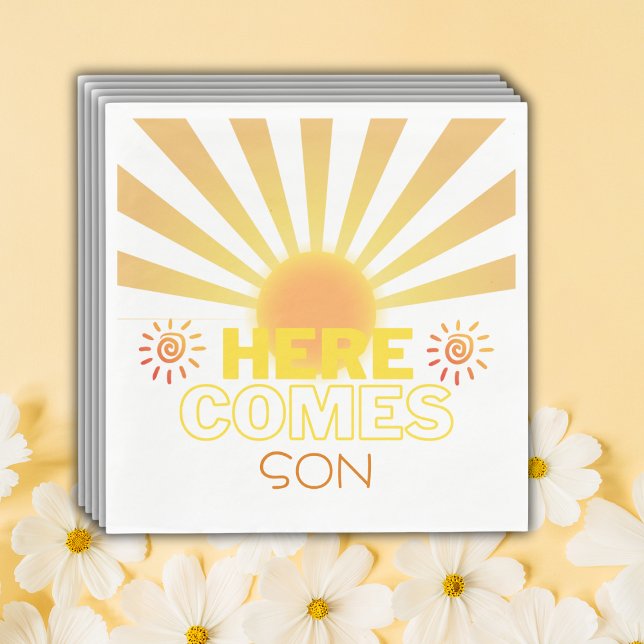Yellow Stripes Here Comes The Son Baby Shower Napkin (Creator Uploaded)