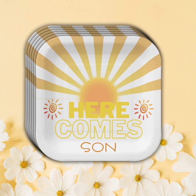 Yellow Stripes Here Comes The Son Baby Shower Paper Plate (Creator Uploaded)