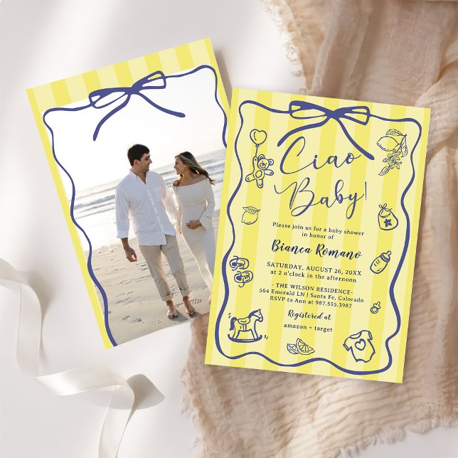 Yellow Stripes Italian Ciao Baby Shower Photo  Invitation (Creator Uploaded)