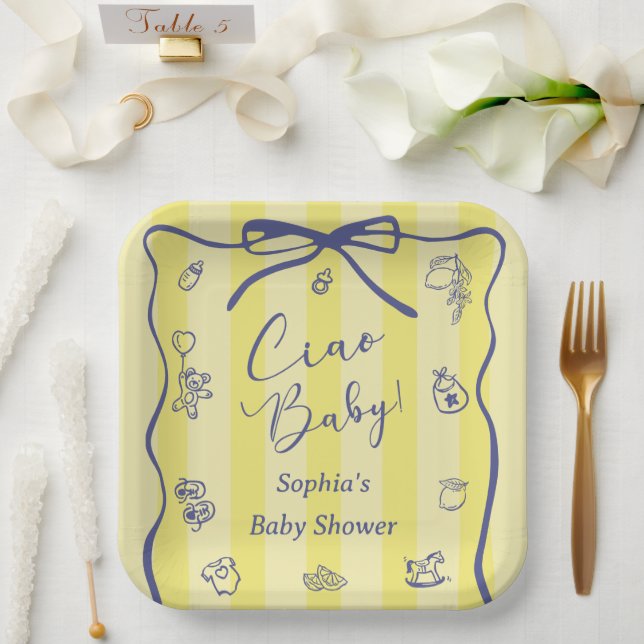 Yellow Stripes Italian Themed Ciao Baby Paper Plate (Wedding)