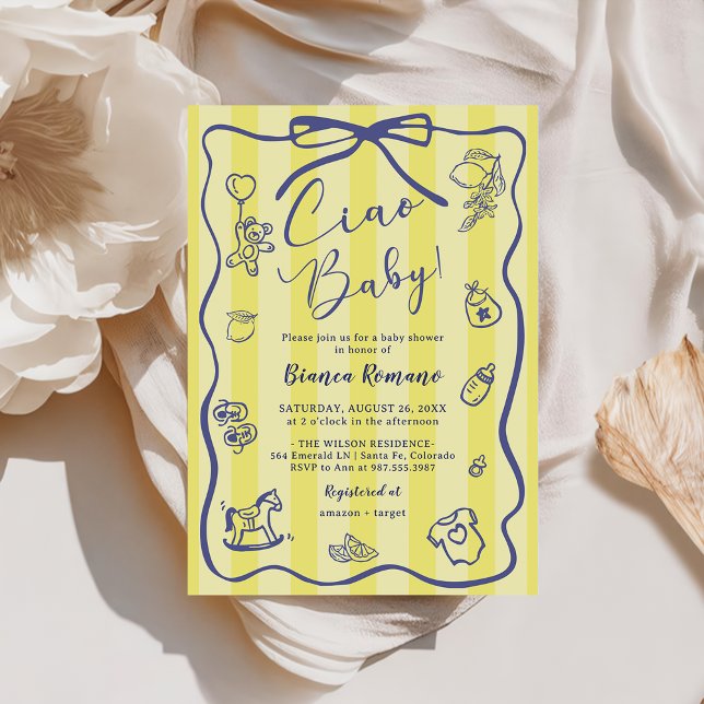 Yellow Stripes Italian Themed Ciao Baby Shower Invitation (Creator Uploaded)