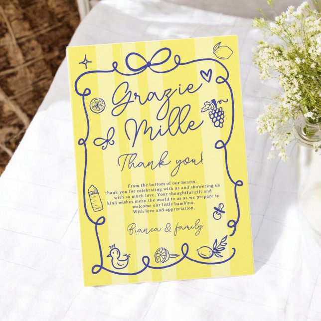 Yellow Stripes Italian-Themed Ciao Baby Shower Thank You Card (Yellow Stripes Italian-Themed Ciao Baby Shower Thank You Card)
