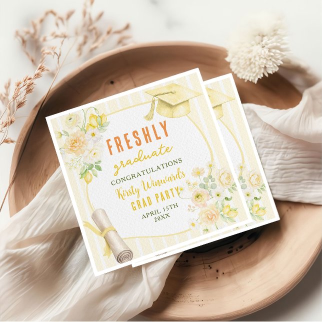 Yellow Stripes Lemons and Flowers Graduation Napkin (Creator Uploaded)