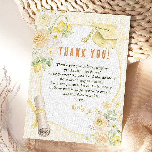 Yellow Stripes Lemons and Flowers Graduation Thank You Card (Creator Uploaded)