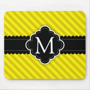 Yellow Stripes Pattern Black Custom Monogram Mouse Mat