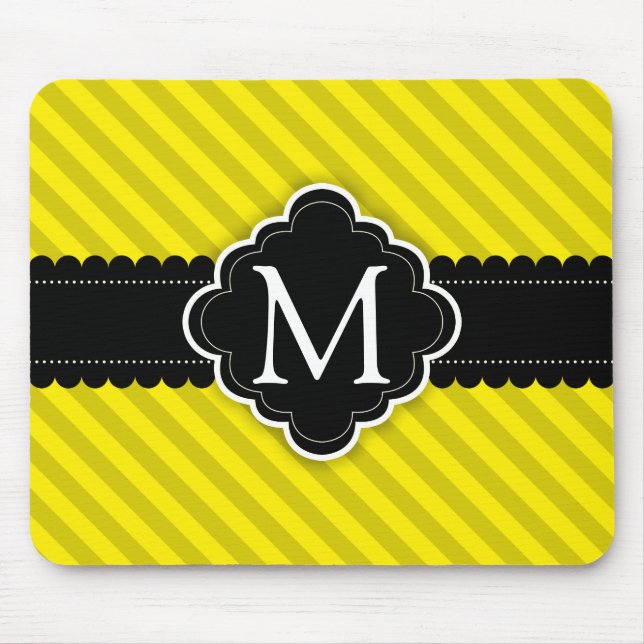 Yellow Stripes Pattern Black Custom Monogram Mouse Mat (Front)
