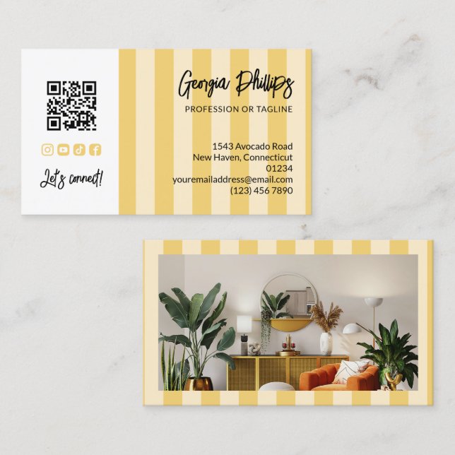 Yellow Stripes QR Code Photo Social Media Icons Business Card (Front/Back)