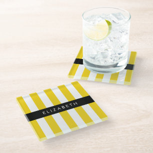 Yellow Stripes, Striped Pattern, Lines, Your Name Glass Coaster
